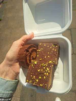 Brownie roll (filled with similar crispy ganache stuff like in their bueno bars...amazing) and pistachio brownie at Considerit in Edinburgh