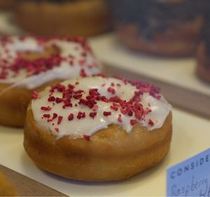 White chocolate and raspberry doughnut at Considerit, Edinburgh at Considerit in Edinburgh