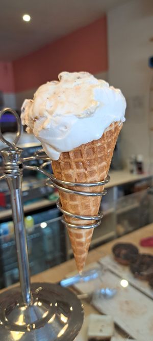 Caramel brownie ice cream on a cone at Considerit in Edinburgh