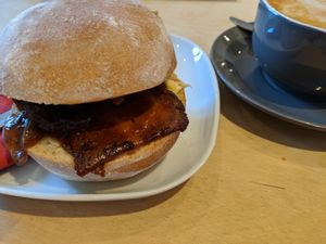 vegan bacon butty and a latte at Considerit in Edinburgh