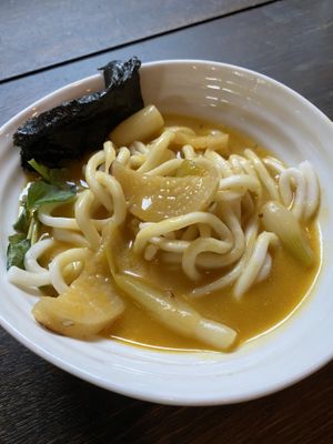 Ramen with squash miso broth (udon noodles)  at Harvest Community Foods in Vancouver