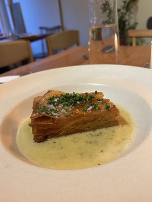Pommes Anna's, Mustard Cream, Chive £10 -gluten free   at Soots  in Manchester