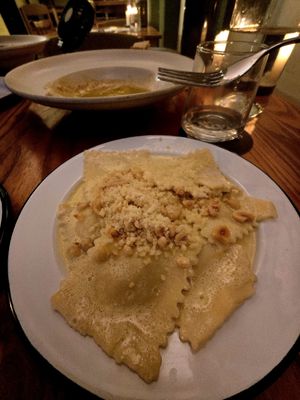 Truffle ravioli, truffle cream, toasted hazelnut at Soots  in Manchester
