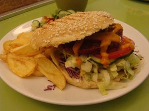 Peas&Love burger with fresh veggies and salad at Peas and Love in Budapest