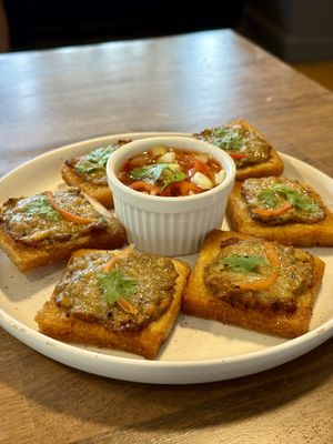 Minced “meat” on toast with a sweet saucee  at Mello in Bangkok