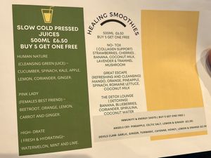 Justices and smoothie menu   at Detox Lounge in Inverness