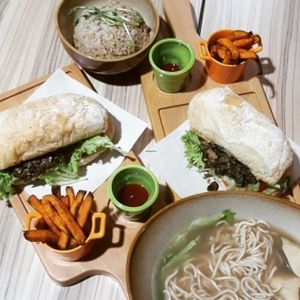 Mushroom sandwich, noodle soup and rice. (That Vegan Couple)  at KUL - BMS Organics - KLIA2 in Sepang