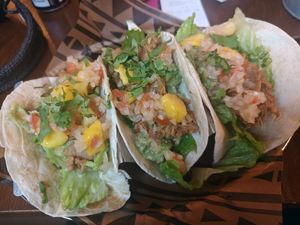 Vegan mango tacos with pulled jackfruit. at Zocalo in Uppsala