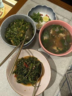 My food, spinach fried Rice and stir fried morning glory  at VietNom Saket in New Delhi