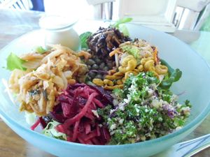 Salad Bowl with Tabouleh, Pad Thai, Curry Cashews,  Kimchee and Orange Miso Dressing. at The Seeds of Life in Ubud