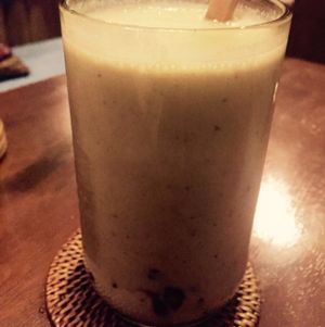yummy smoothie! banana, almond butter, lucuma, irish moss, dates, coconut milk and sea salt!! at The Seeds of Life in Ubud