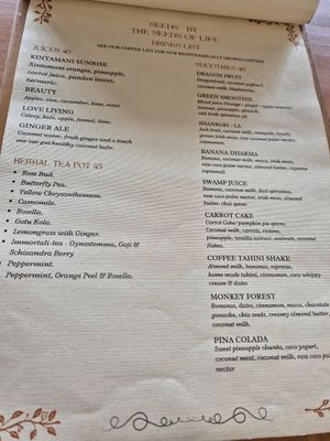 Menu at The Seeds of Life in Ubud