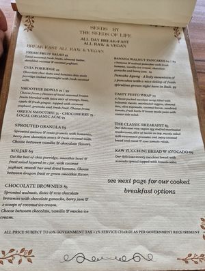 Menu at The Seeds of Life in Ubud