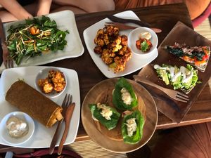 Buffalo wings, raw pizza, burrito. at The Seeds of Life in Ubud