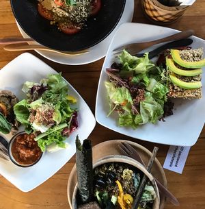 warmed quiche, SOL bowl, warmed Mexican lasagne, warmed gnocchi at The Seeds of Life in Ubud
