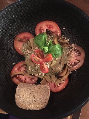 Warmed walnut pesto gnocchi with shiitake mushrooms. Tastes amaaazing - so rich!! at The Seeds of Life in Ubud