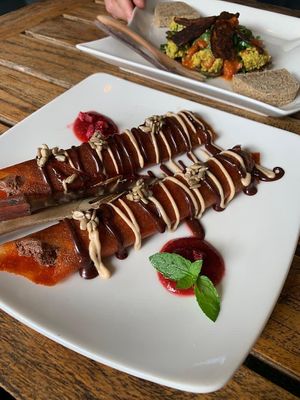 Crapes. Tasty but very chewy and hard to cut at The Seeds of Life in Ubud