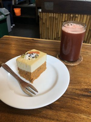 Raw carrot cake and watermelon juice  at The Seeds of Life in Ubud