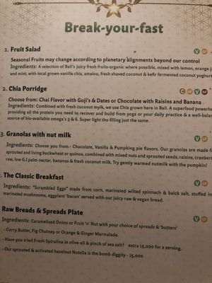 Menu at The Seeds of Life in Ubud
