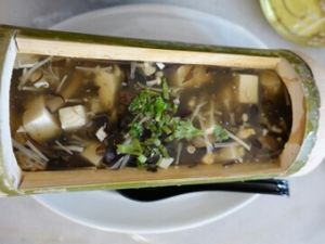 Tofu broth in bamboo stem  at Kak Lynn's Kitchen in Tangkak