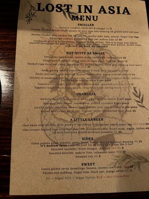 The menu in august 25  at Lost in Asia in Hobart