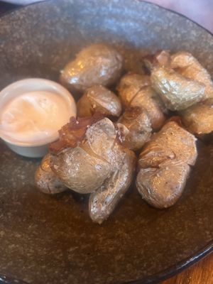 Smashed potatoes with vegan mayo   at Lost in Asia in Hobart