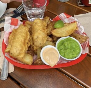 Vegan battered sausage n chips at Cherry Reds Cafe and Bar in Birmingham