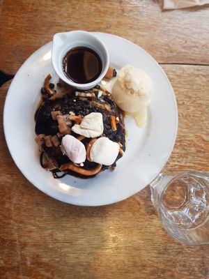 Vegan American Style Pancake Stack Rocky Road.  August 2022 at Cherry Reds Cafe and Bar in Birmingham