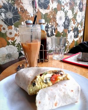 Breakfast wrap and iced latte at Cherry Reds Cafe and Bar in Birmingham