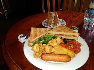 Vegan Full English Breakfast and Vegan Carrot Cake at Cherry Reds Cafe and Bar in Birmingham