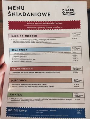 Menu in Polish at Coffee Station in Województwo Warmińsko-mazurskie