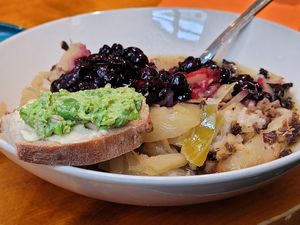 Pea hummus with the bread. at Kahvila Napero  in Helsinki