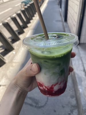 Iced strawberry matcha latte  at Bakea in Paris