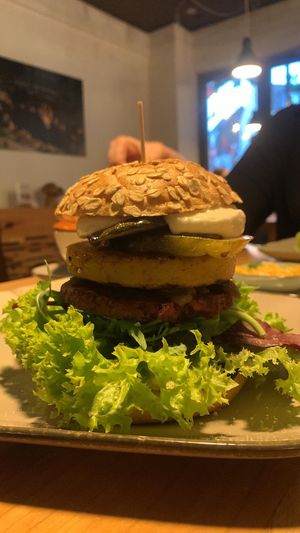 Italiano Burger with Mediterranean veggies, red bean patty, olives, polenta and aioli.  at Bunte Burger Cologne in Cologne