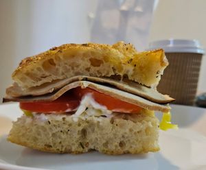 Tofu "turkey" sandwich and soy cappuccino at Kitchen Mouse in Los Angeles