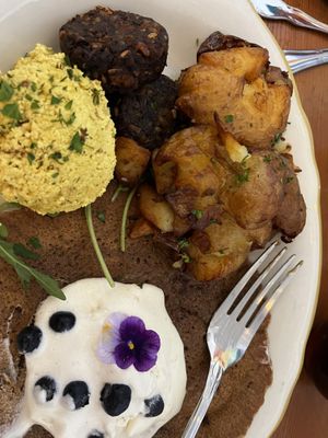 Tofu scramble, mushroom patties, smashed potatoes, lemon blueberry pancakees  at Kitchen Mouse in Los Angeles