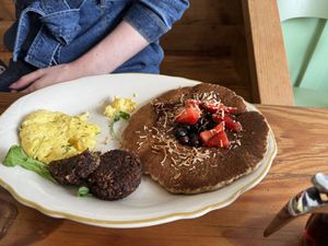 Pancake with just egg and sausage pattyies  at Kitchen Mouse in Los Angeles