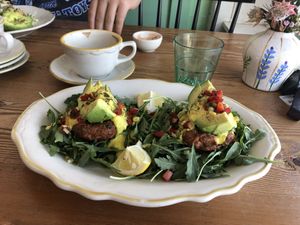“Crab cakes” with yellow pepper hollandaise  at Kitchen Mouse in Los Angeles