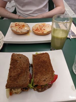 Hummus bagel and gourmet vegan sandwich (veggies) at Zoe Food in Gran Canaria