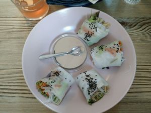 Japanese spring rolls with an amazing peanut sauce. at Zoe Food in Gran Canaria