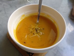 Menu of the day / 1st course / Pumpking soup at Zoe Food in Gran Canaria