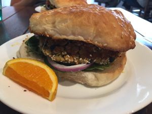 upbeat vegan burger  at Big Beet in Katoomba