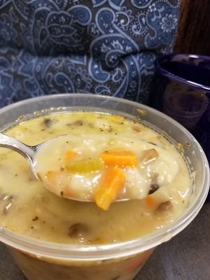 Filling Vegan Mushroom Barley Soup.  The owner changed five of the soups to be vegan for us! at Spread N Buns Craft Soups & Sandwiches in Decatur
