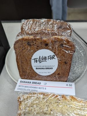 Vegan chocolate macadamia nut banana bread at Coffee Villain in North Vancouver