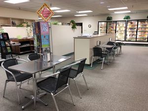 Nice space to enjoy the food you purchase, including meals from Raw Fresno.  at ABC Books and Health Foods in Clovis