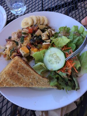 Tofu scramble with everything including kimchi at Under the Bodhi Tree in Pahoa