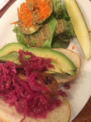 Vegan Bratwurst with sauerkraut and a small side salad  at Under the Bodhi Tree in Pahoa
