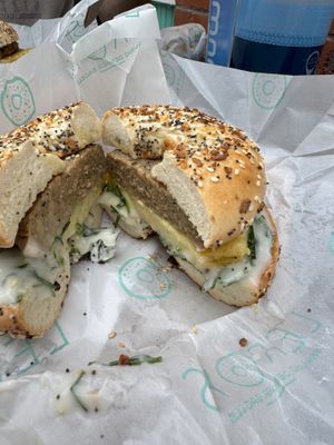 Vegan breakfast sandwichh  at Leroy's Bagels - 29th Ave in Denver