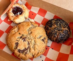 All vegan and gluten free - thumbprint cookie, sesame cookie, tahini chocolate chip cookie at Overlook Bakery in Woodstock