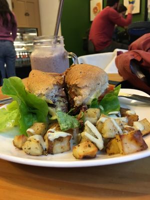 Burger and smoothie (sorry I've already cut the burger in half haha)  at Ooh Cha Cha - Zhongzheng District in Taipei